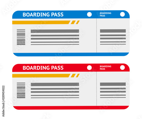 Boarding pass. Red and blue air plane ticket templates. Airline flight pass. Blank boarding pass template isolated on transparent background. Flat vector illustrations set.