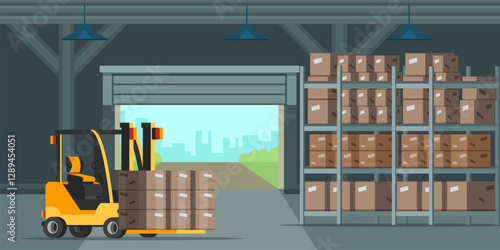 Warehouse indoor flat vector illustration. Factory storehouse background. Distribution, logistics, shipment concepts.