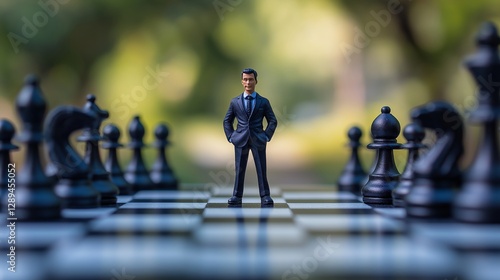 businessman figure stands confidently on a chessboard surrounded by chess pieces photo