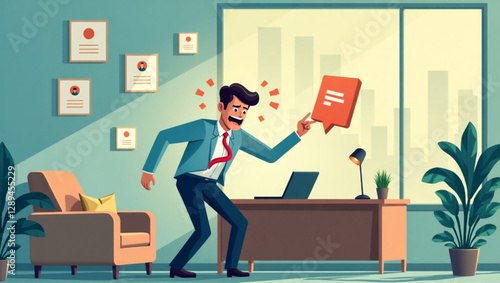 Businessman Escaping Annoying Notifications, Alerts and Pop-Ups, Overwhelmed by Digital Distractions in Office