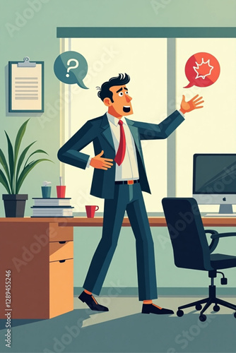 Businessman Escaping Annoying Notifications, Alerts and Pop-Ups, Overwhelmed by Digital Distractions in Office