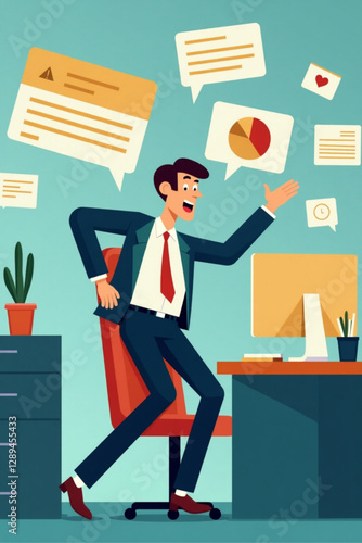 Businessman Escaping Annoying Notifications, Alerts and Pop-Ups, Overwhelmed by Digital Distractions in Office