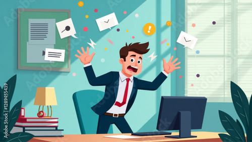 Businessman Escaping Annoying Notifications, Alerts and Pop-Ups, Overwhelmed by Digital Distractions in Office