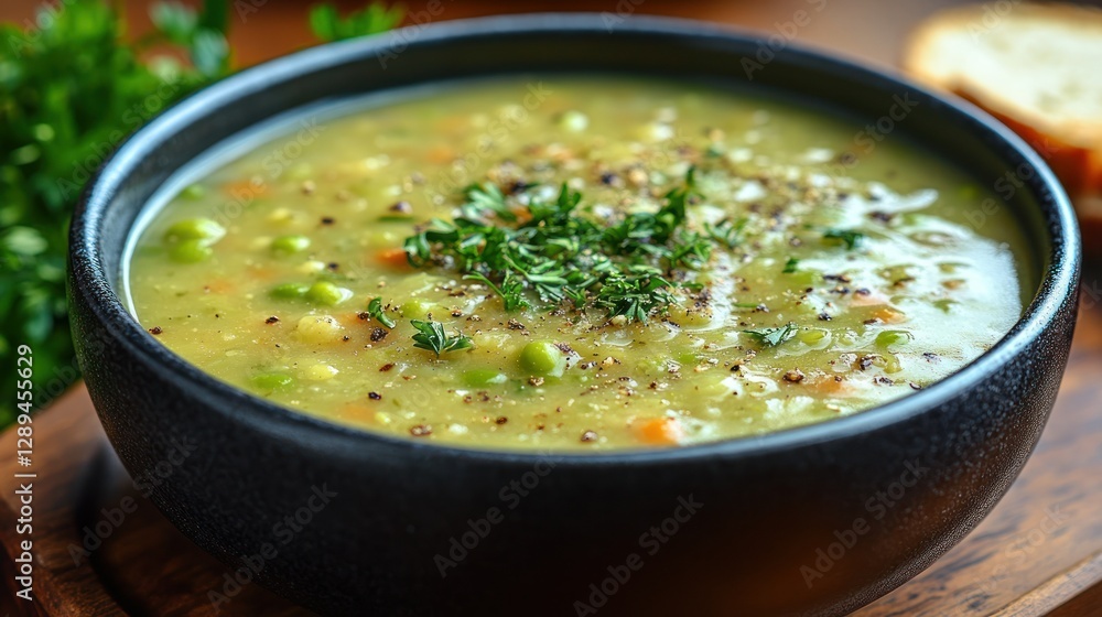Creamy vegetable soup, served in bowl, kitchen setting, bread in background, food photography Creamy vegetable soup, served in bowl, kitchen setting, bread in background, food photography