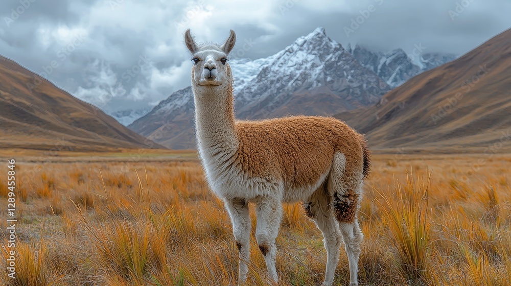 Naklejka premium A curious llama standing in a picturesque mountain landscape with majestic peaks under a dramatic sky