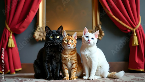 Elegant Trio: Black, Tabby, and White Cats Portrait