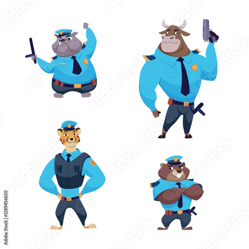 Police animals. Zoo characters in police professional uniform exact vector mascots animals in action poses cartoon illustrations