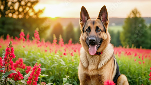 German Shepherd Dog in Flower Field at Sunset