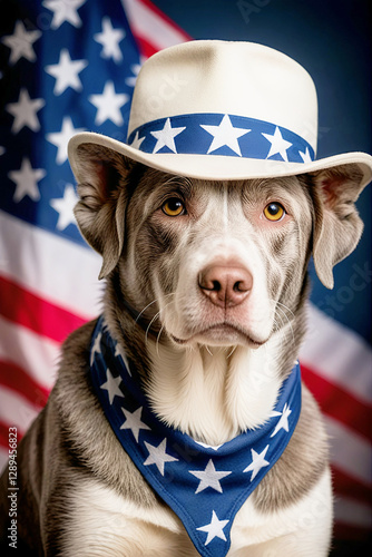 Patriotic Labrador Retriever Dog with American Flag Hat and Bandana