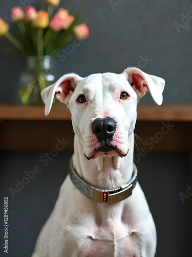 White Dogo Argentino Portrait with Tulips