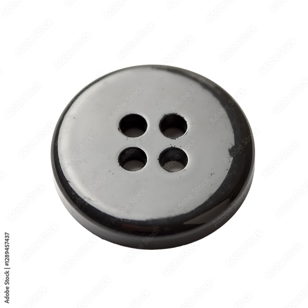 Black button made of plastic with four holes and smooth surface, perfect for sewing and crafting projects Black button made of plastic with four holes and smooth surface, perfect for sewing and crafting projects
