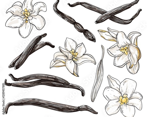 A set illustrations vanilla flowers and pods, hand-drawn and isolated on a white background