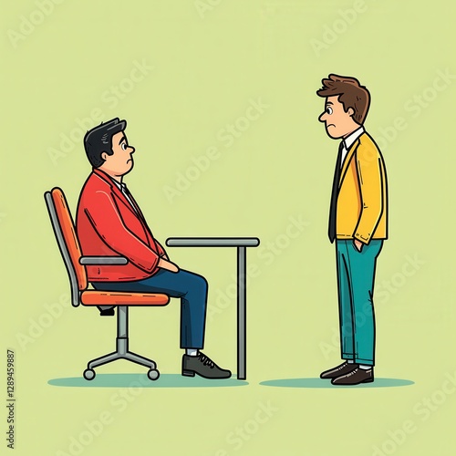 Boss left sad man in red blue black about to be fired in bright simple geometric cartoon style clipart