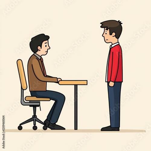Boss left sad man in red blue black about to be fired in bright simple geometric cartoon style clipart