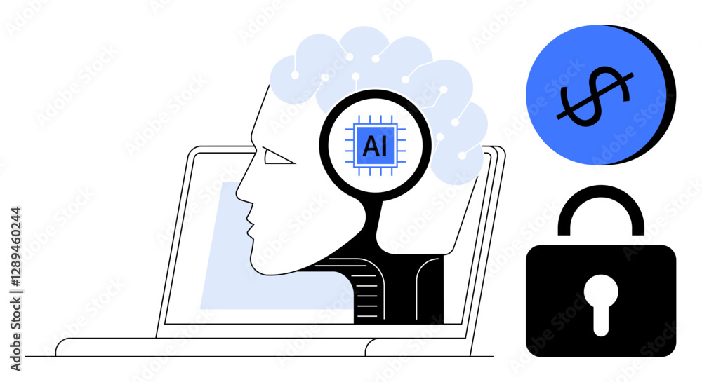 Human head connected to AI chip, laptop screen, dollar sign for financial growth, and lock for cybersecurity. Ideal for AI, technology, digital innovation, finance, security data protection