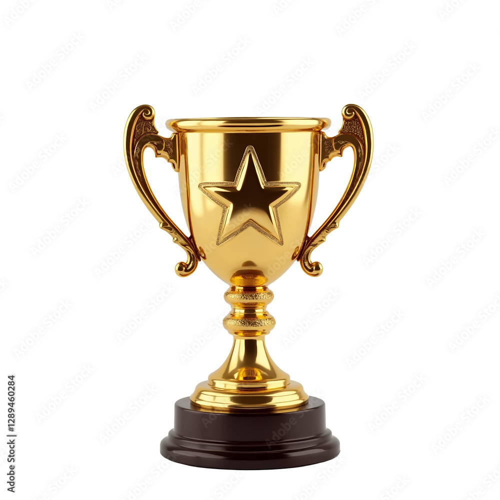 Golden trophy with elegant design and star emblem resting on a dark wooden base for recognition of achievement Golden trophy with elegant design and star emblem resting on a dark wooden base for recognition of achievement