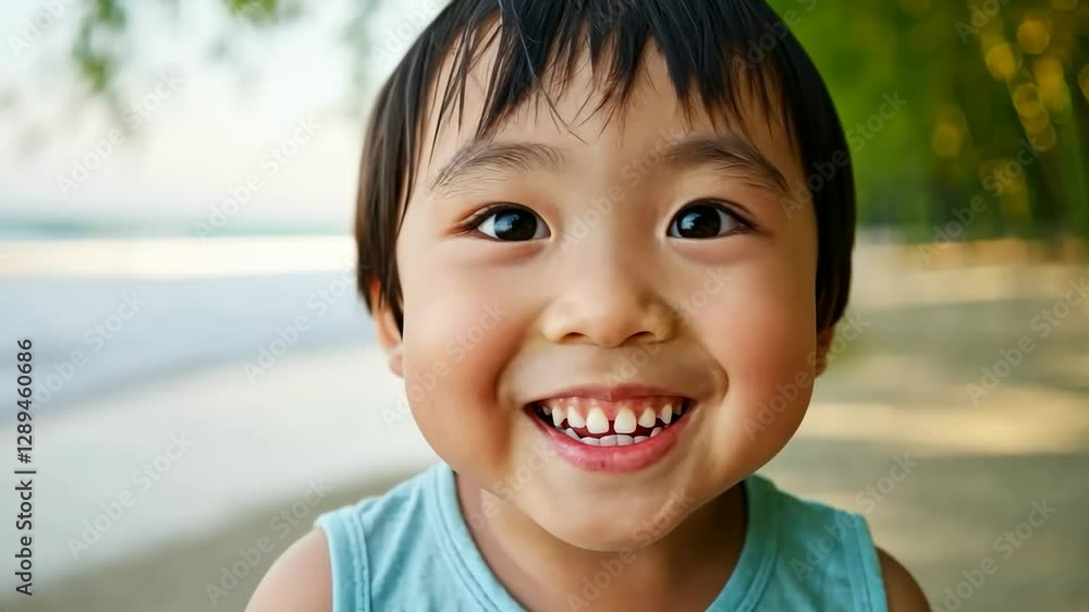 Joyful child exploring beachfront with bright smile and playful expressions Joyful child exploring beachfront with bright smile and playful expressions
