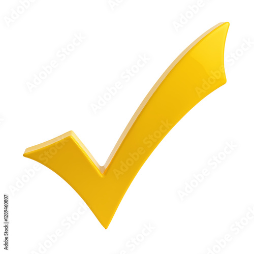 Yellow check mark symbol made of smooth plastic showing approval or agreement in bright color