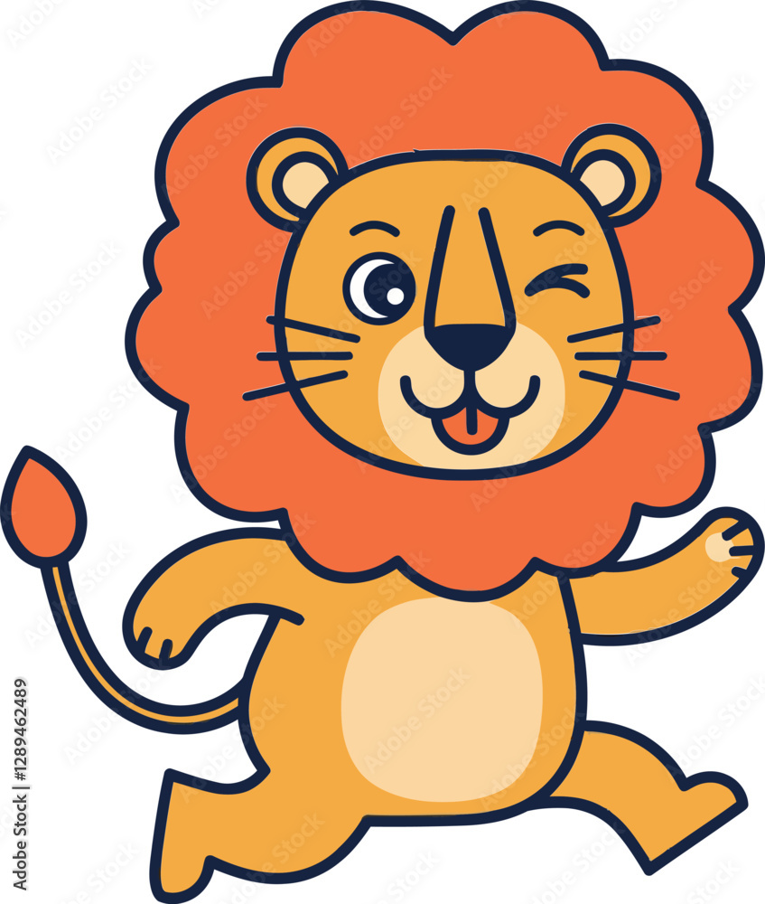Cheerful cartoon lion character with an orange mane in playful, flat vector illustration Cheerful cartoon lion character with an orange mane in playful, flat vector illustration
