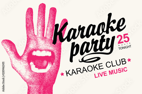 Vector poster for karaoke party in retro style with singing mouth on palm hand and calligraphy lettering. Suitable for advertising poster, music banner, flyer, invitation, ticket