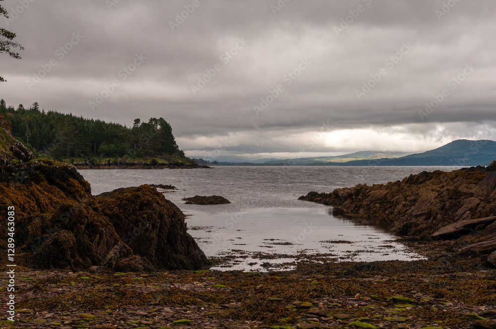 A rocky shoreline with a body of water in the background A rocky shoreline with a body of water in the background