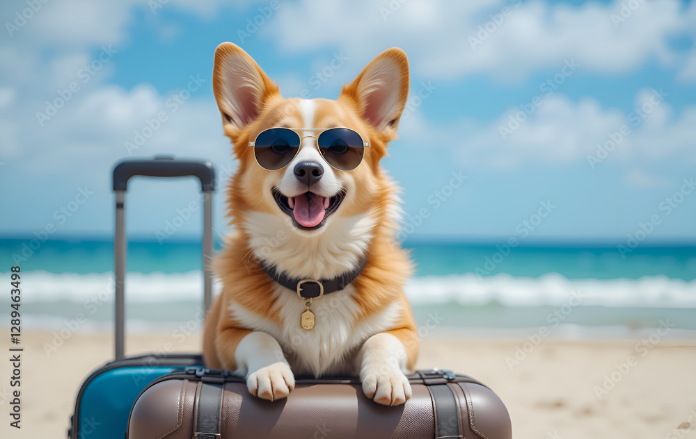 funny and happy Corgi with sunglasses with suitcases on vacation on ocean beach. Digital artwork. Ai generated