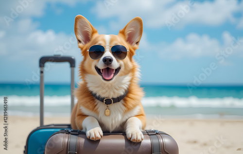 Obraz na płótnie funny and happy Corgi with sunglasses with suitcases on vacation on ocean beach. Digital artwork. Ai generated w salonie