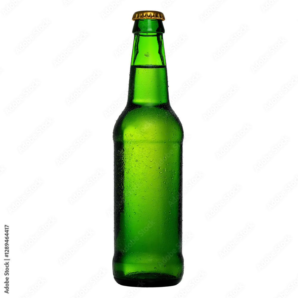 Green glass bottle filled with refreshing beverage or beer and covered in condensation Green glass bottle filled with refreshing beverage or beer and covered in condensation