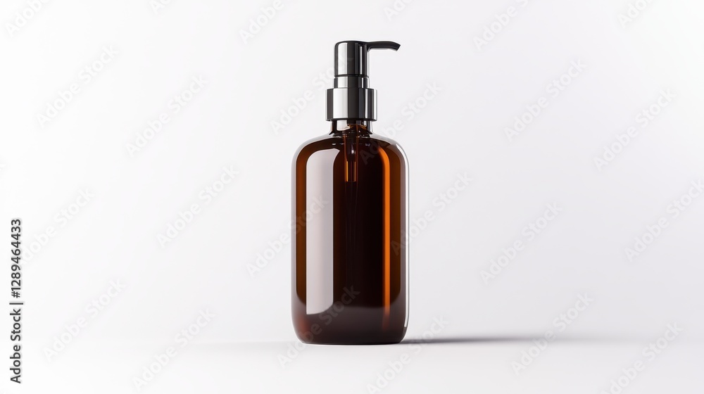 Fototapeta premium A sleek, brown, cylindrical bottle with a black lotion pump stands centered against a plain white background