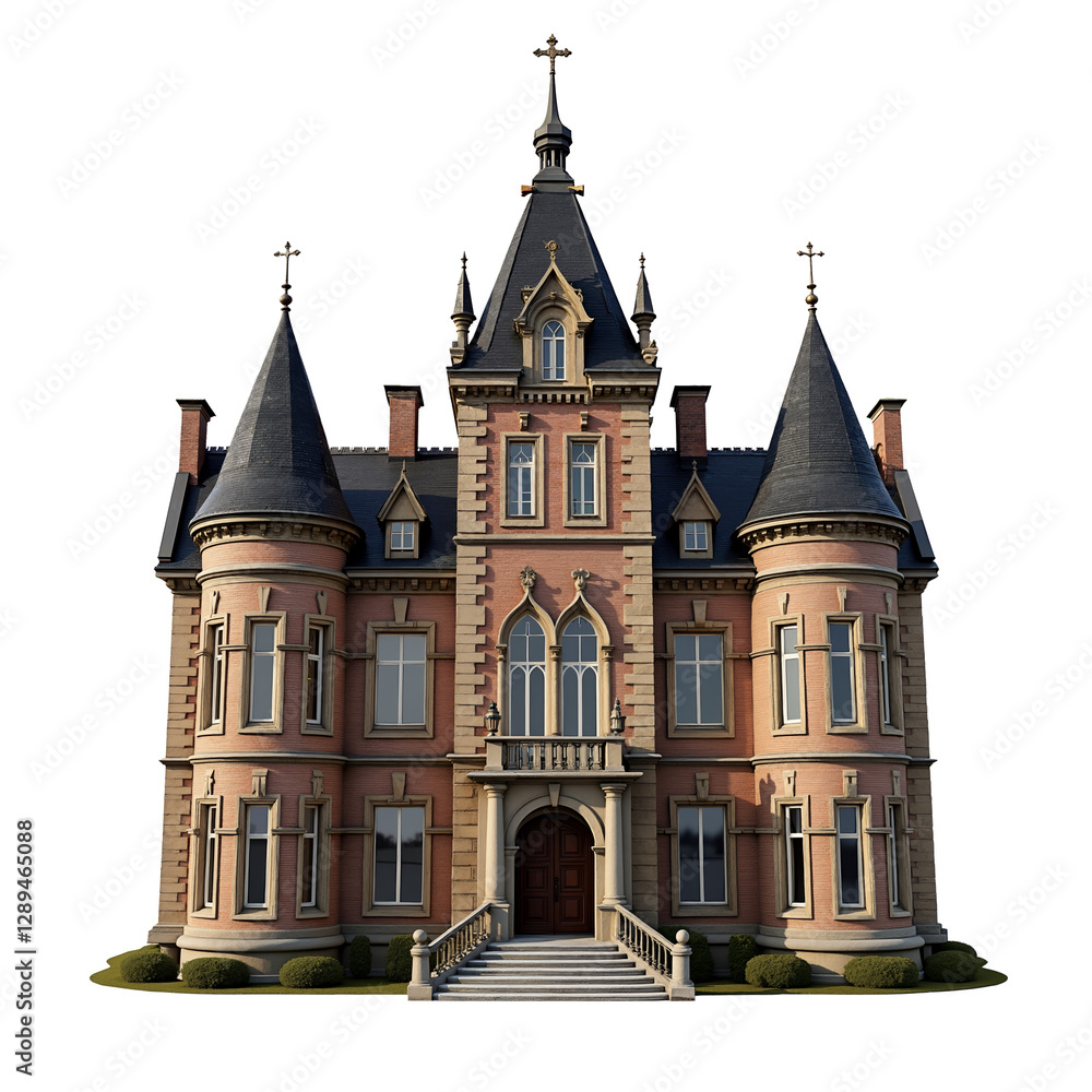 Victorian style mansion features multiple pointed roofs, a stone facade, and intricate details Victorian style mansion features multiple pointed roofs, a stone facade, and intricate details