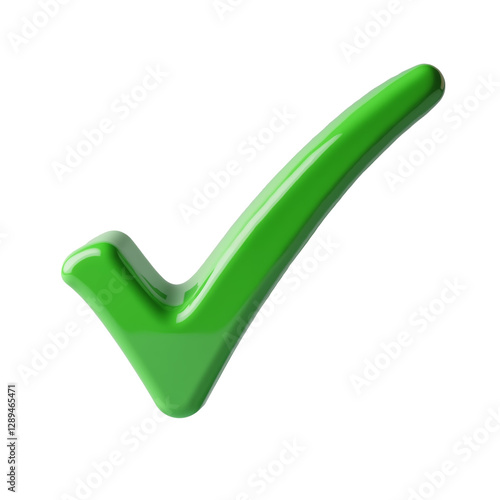Green check mark symbol made from glossy material, reflecting light with smooth surface and curved shape