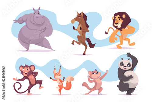 Funny dancers. Cute cartoon animals in action poses jumping dancing flying on party have fun exact vector jungle zoo characters