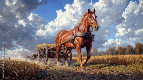 A majestic horse pulling a cart through a golden wheat field under a vibrant, cloudy sky in a rural landscape.