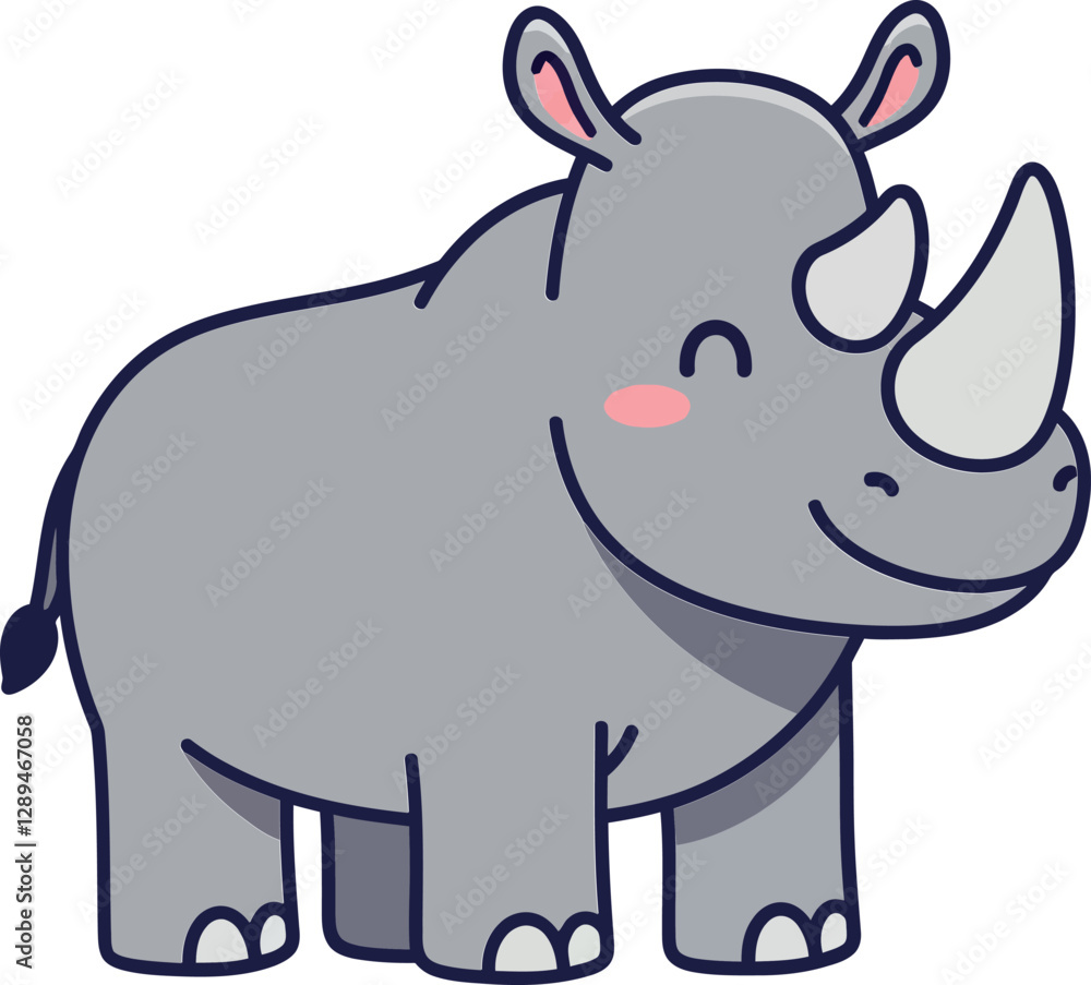 Naklejka premium Cute cartoon rhinoceros with a friendly expression in flat vector art style