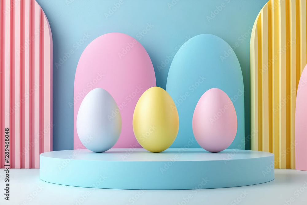 Set of 3D happy easter day background. Yellow, blue, pink and white podium in egg oval shape gate backdrop scene. Platforms mockup product display. Abstract composition minimal design. Stage showcase. Set of 3D happy easter day background. Yellow, blue, pink and white podium in egg oval shape gate backdrop scene. Platforms mockup product display. Abstract composition minimal design. Stage showcase.