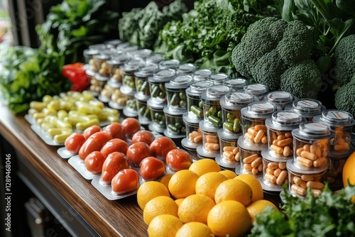 Advertising campaign showcasing fresh fruits, vegetables, and vitamin supplements for health photo