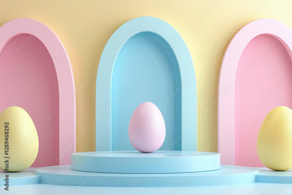 Set of 3D happy easter day background. Yellow, blue, pink and white podium in egg oval shape gate backdrop scene. Platforms mockup product display. Abstract composition minimal design. Stage showcase. Set of 3D happy easter day background. Yellow, blue, pink and white podium in egg oval shape gate backdrop scene. Platforms mockup product display. Abstract composition minimal design. Stage showcase.