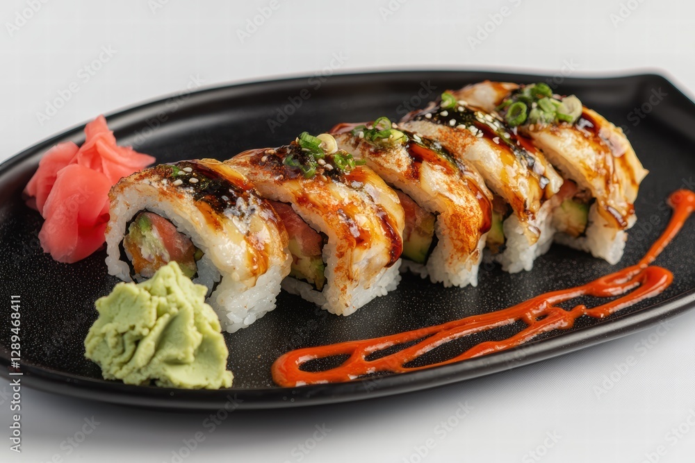 Delicious assortment of sushi served on a black plate with soy sauce and garnishes Delicious assortment of sushi served on a black plate with soy sauce and garnishes