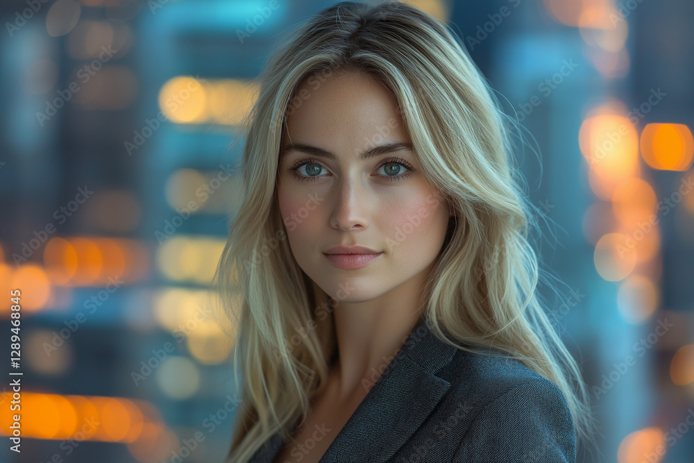 Confident woman in power suit with strong gaze, urban cityscape background, sharp lighting and contrast, professional and modern portrait Confident woman in power suit with strong gaze, urban cityscape background, sharp lighting and contrast, professional and modern portrait