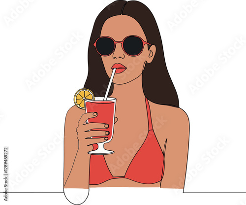 Young woman sipping a refreshing cocktail in a red bikini, minimal vector illustration