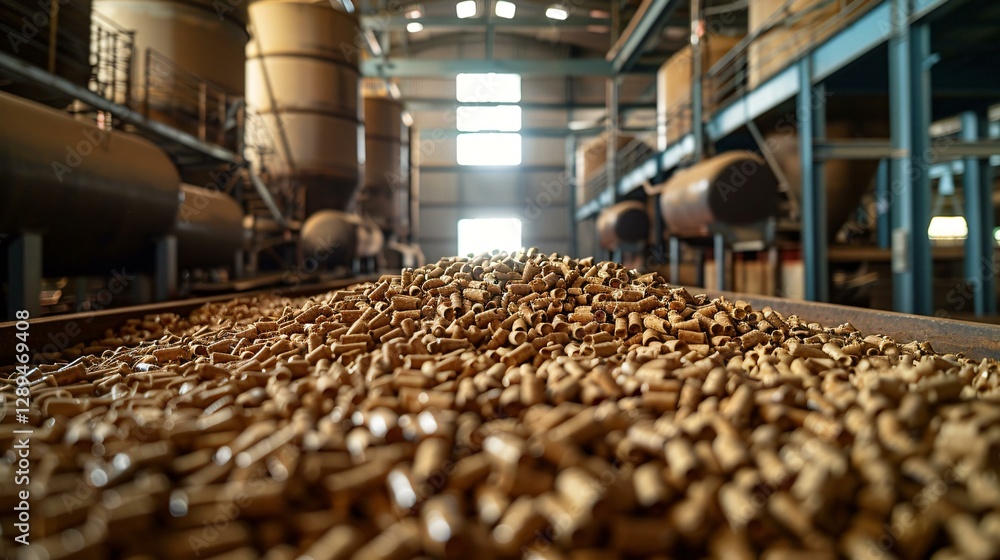 A large-scale storage facility filled with wood pellets, highlighting their role in renewable bioenergy and clean energy production A large-scale storage facility filled with wood pellets, highlighting their role in renewable bioenergy and clean energy production