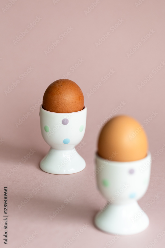 boiled chicken egg for breakfast. chicken egg in stand isolated on pink background, protein for breakfast boiled chicken egg for breakfast. chicken egg in stand isolated on pink background, protein for breakfast