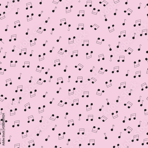 Ditsy Black Music Notes Scattered on Baby Pink background creating a seamless pattern print background
