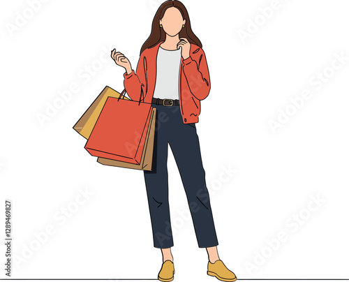 Woman in casual attire holding shopping bags, smiling cheerfully, minimal vector illustration