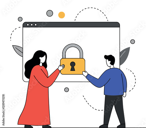 Two individuals exchanging a golden lock in front of a digital screen, minimal and modern vector illustration