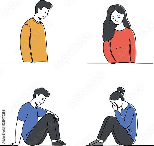 Four individuals expressing various emotions in a minimalistic style vector illustration