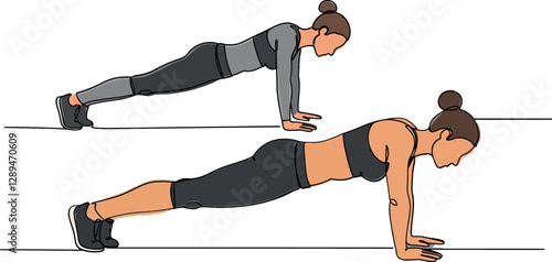 Two women performing push-ups in a minimal and flat design style vector illustration