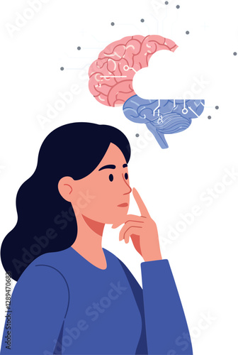 Woman in blue shirt contemplating with pink and blue brain illustration in minimal vector art