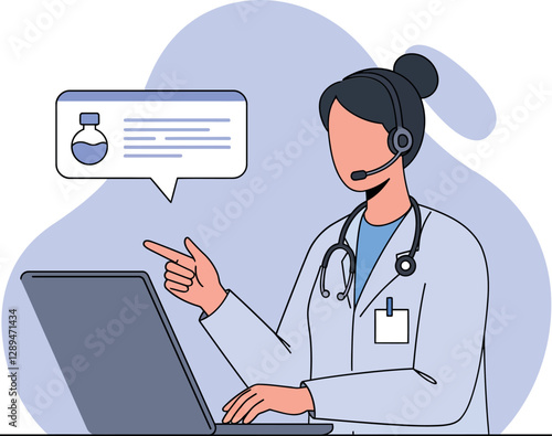 Doctor in a lab coat using a laptop with a headset in flat vector illustration
