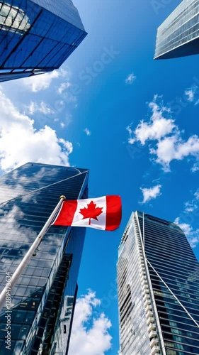Canadian Flag Waving Among Skyscrapers